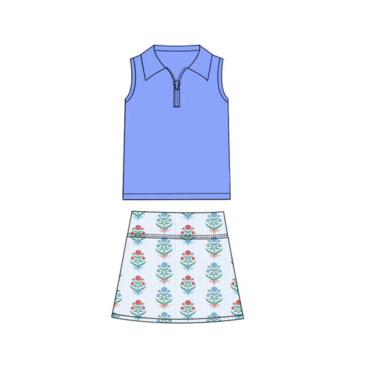 preorder GSD1800 blue zipper blue flowers skirt with shorts girls set