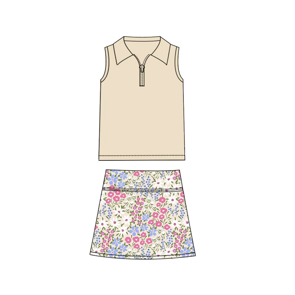 preorder GSD1801 khaki zipper colorful flowers skirt with shorts girls set