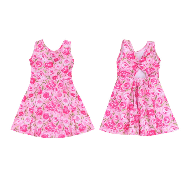 preorder GSD1804 hot pink flowers sleeveless dress with shorts girls dress