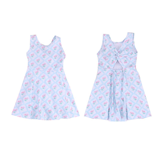 preorder GSD1805 pink flowers blue sleeveless dress with shorts girls dress