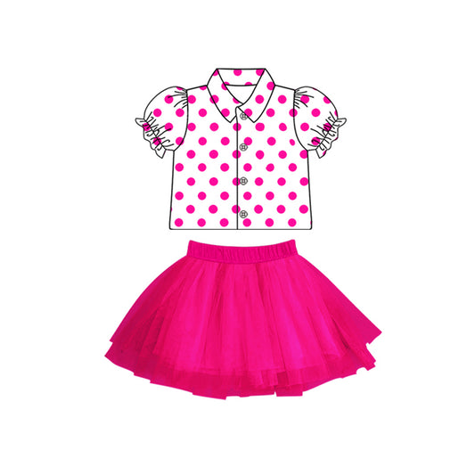 preorder GSD1807 cartoon princess hot pink dot short sleee hot pink skirt girls set