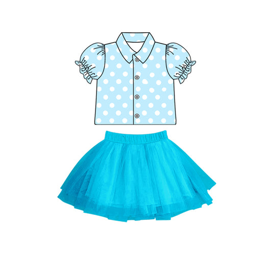 preorder GSD1808 cartoon princess blue dot short sleee blue skirt girls set