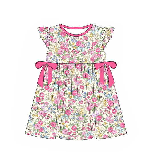 preorder GSD1810 hot pink flowers bows flutter sleeve girls dress