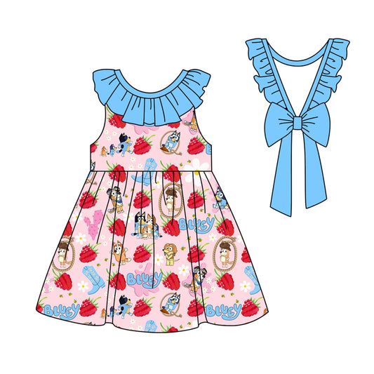 preorder GSD1813 cartoon blue dog strawberry blue bow girls dress