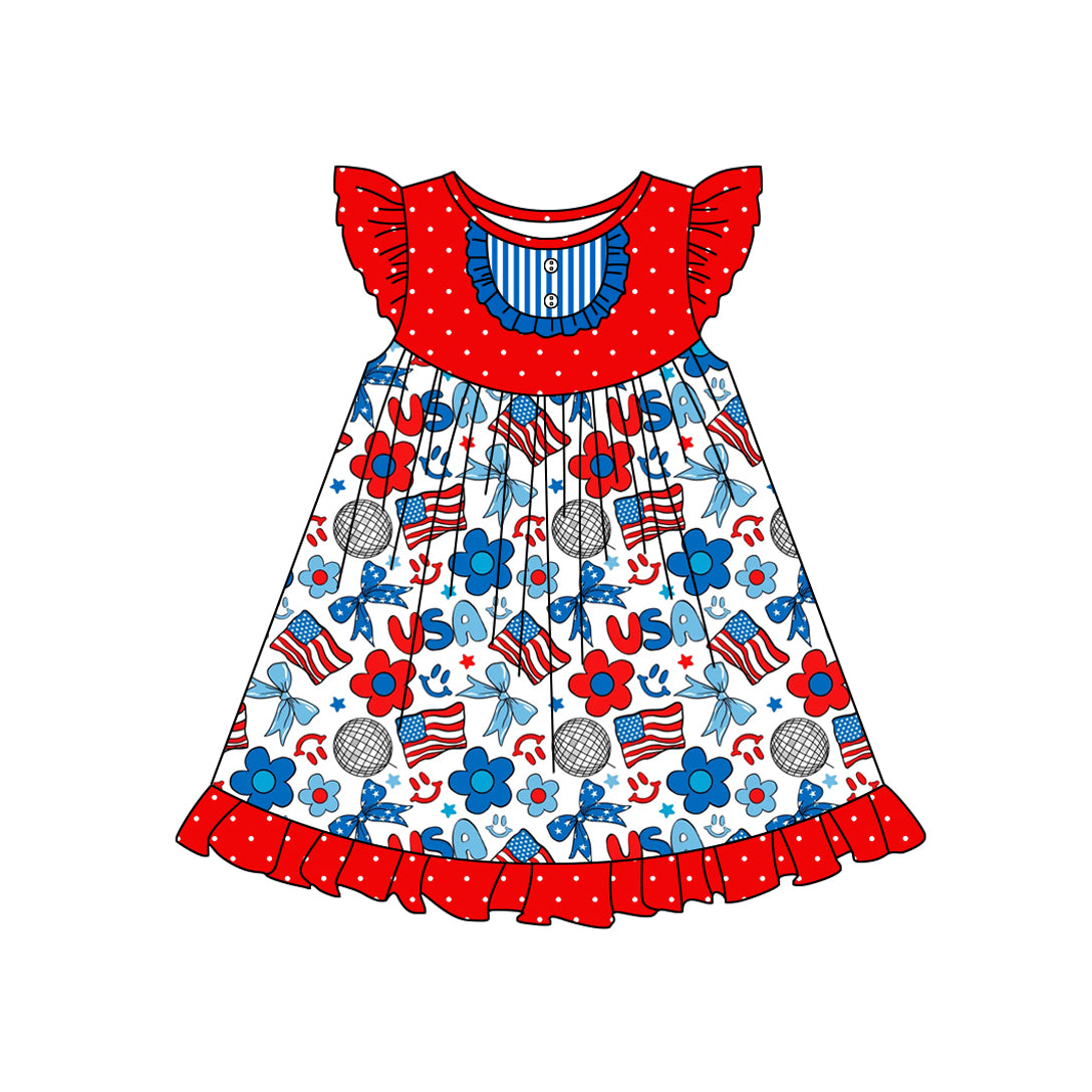 preorder GSD1815 July 4th bows flag red dot flutter sleeve girls dress