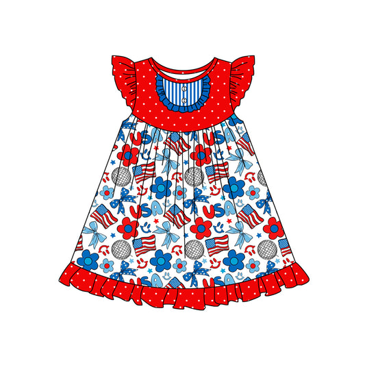 preorder GSD1815 July 4th bows flag red dot flutter sleeve girls dress