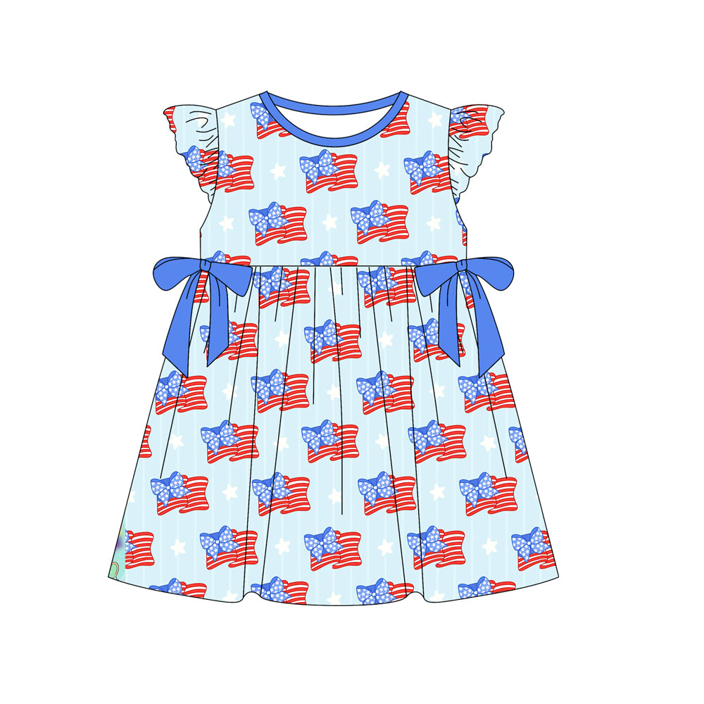 preorder GSD1816 July 4th flag bows blue bows flutter sleeve grils dress