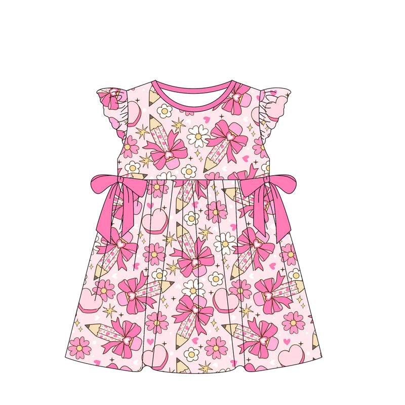 preorder GSD1820 bacl to school hot pink bows pen flowers flutter sleeve girls dress