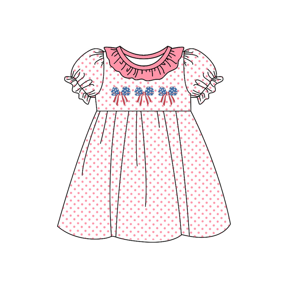 preorder GSD1824 July 4th Flag Bows Pink Dot Short Sleeve Girls Dress