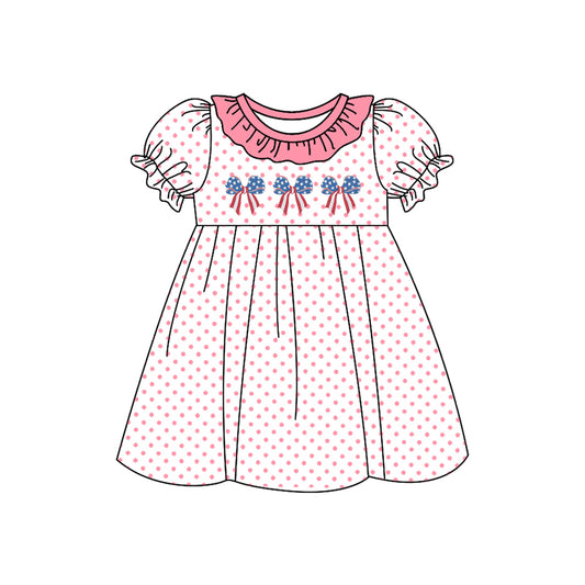 preorder GSD1824 July 4th Flag Bows Pink Dot Short Sleeve Girls Dress