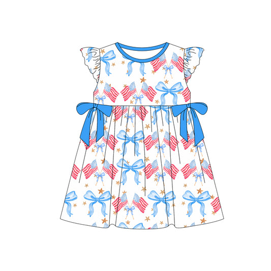 preorder GSD1825 July 4th Flag Bows Blue Bows Flutter Sleeve Girls Dress