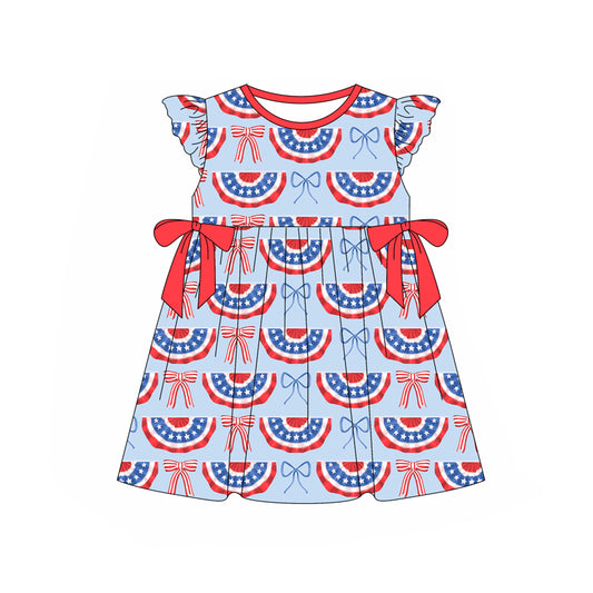 preorder GSD1826 July 4th Flag Bows Red Bows Blue Flutter Sleeve Girls Dress