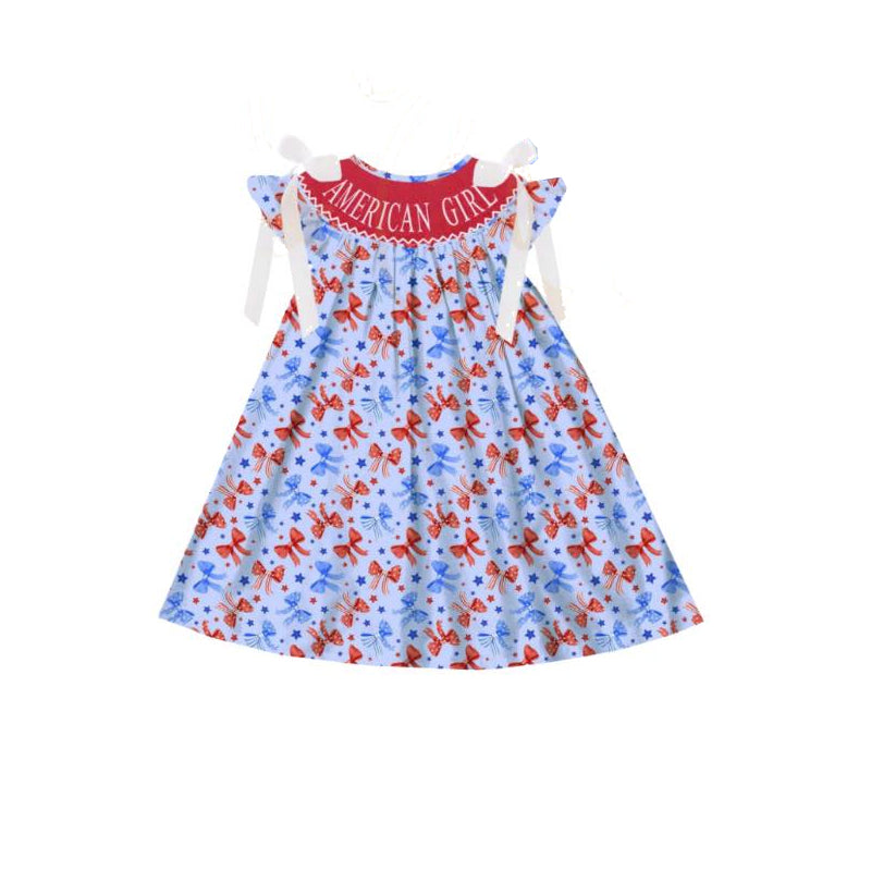 preorder GSD1827 July 4th American Girl Red Blue Bows Flutter Sleeve Girls Dress