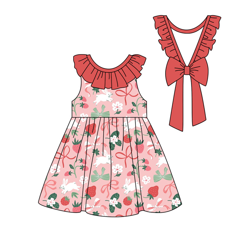 preorder GSD1828 Rabbit Strawberry Flower With Bow Red Girls Dress