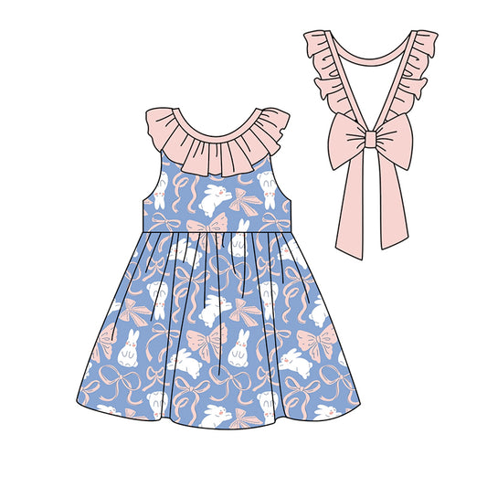 preorder GSD1829 Rabbit Pink Bows Blue With Bow Girls Dress