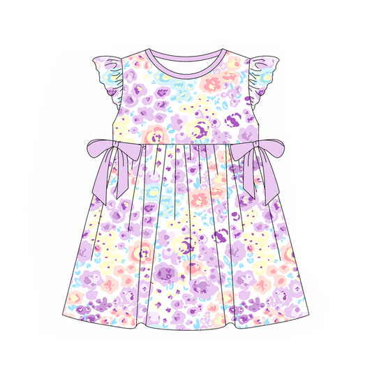 preorder GSD1831 Purple Flowers Bows Flutter Sleeve Girls Dress