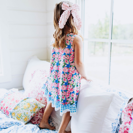 preorder GSD1833 Pink Flowers Blue Sleeveless Girls Dress