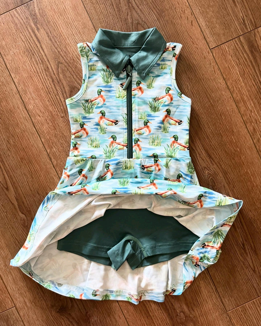 preorder GSD1835 Hunting Mallard Duck Green Zipper With Shorts Girls Dress