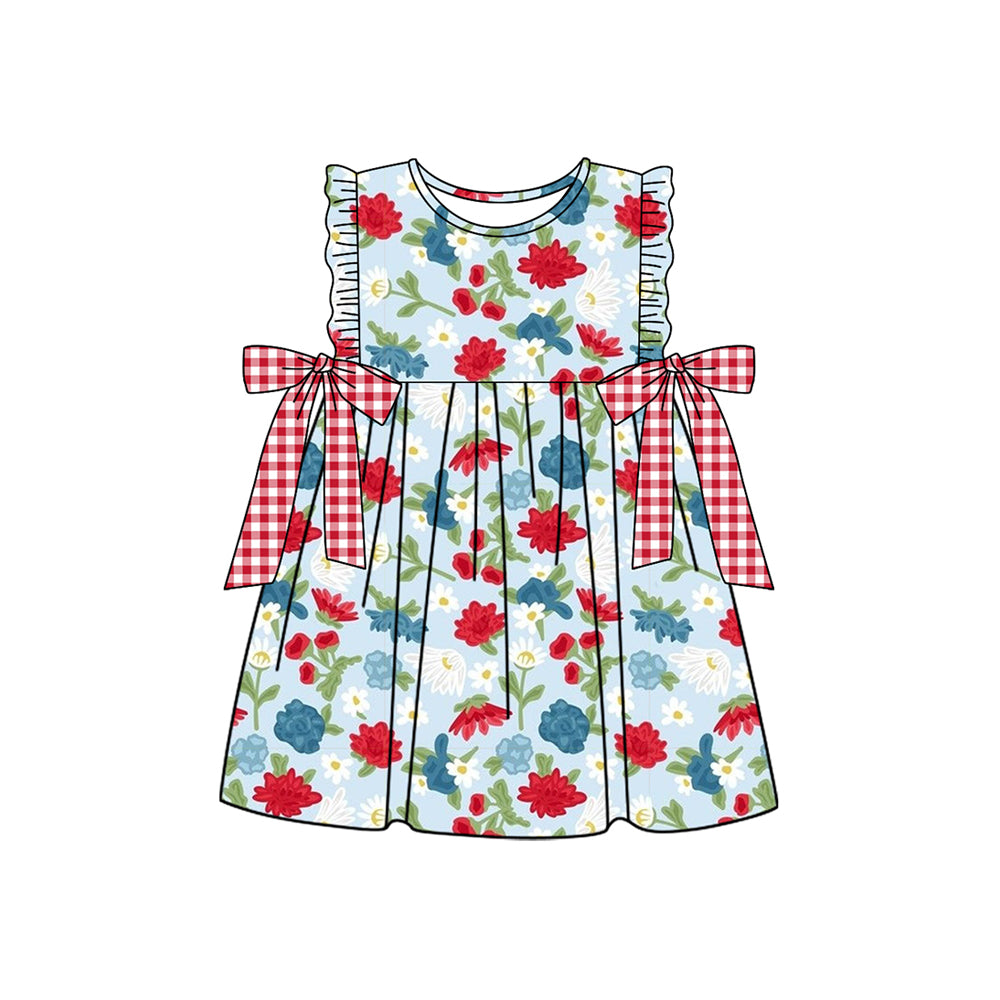 preorder GSD1838 Red Blue Flowers bows Ruffles Sleeve Girls Dress