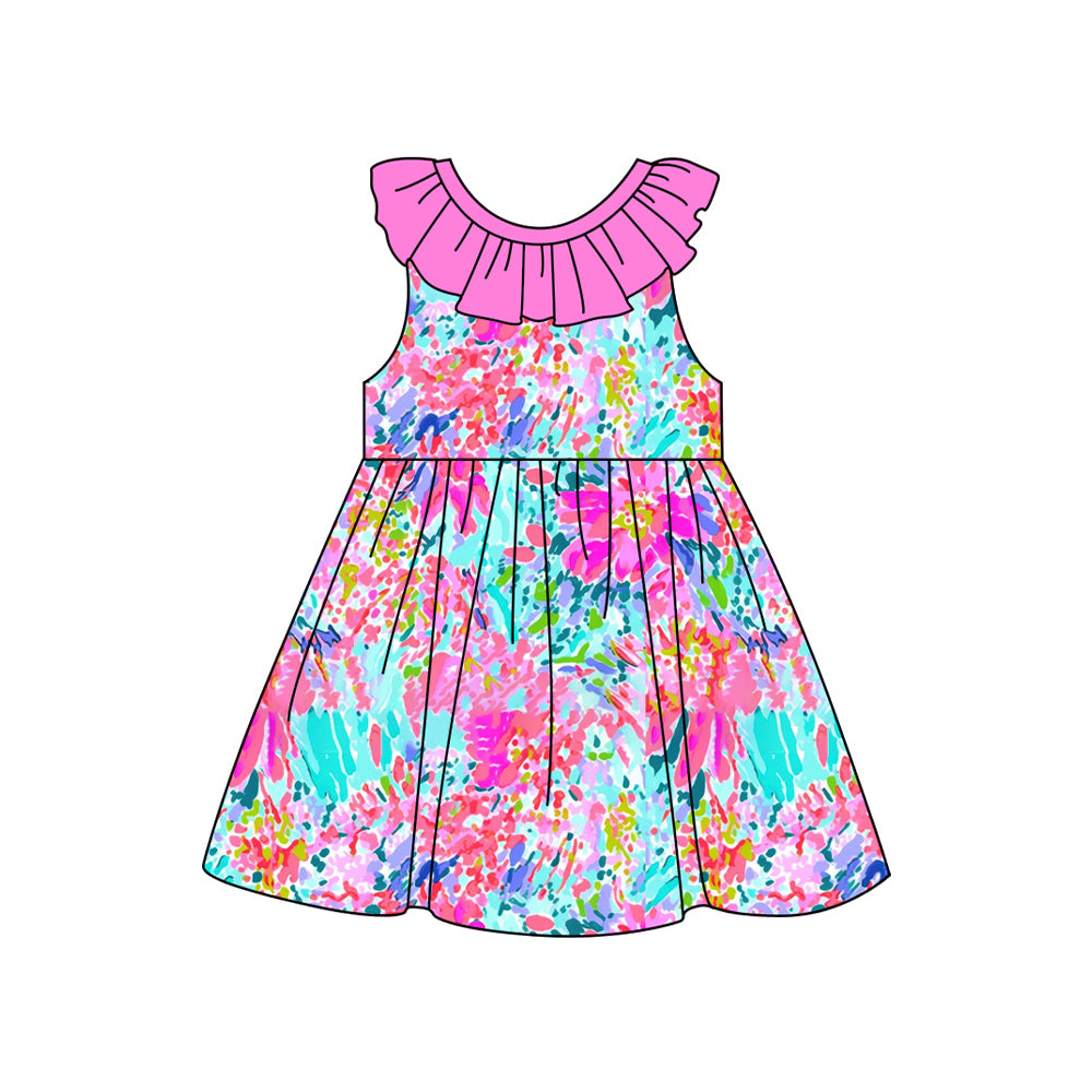 preorder GSD1839 Colorful Flowers Printing Ruffles Hot Pink Girls Dress