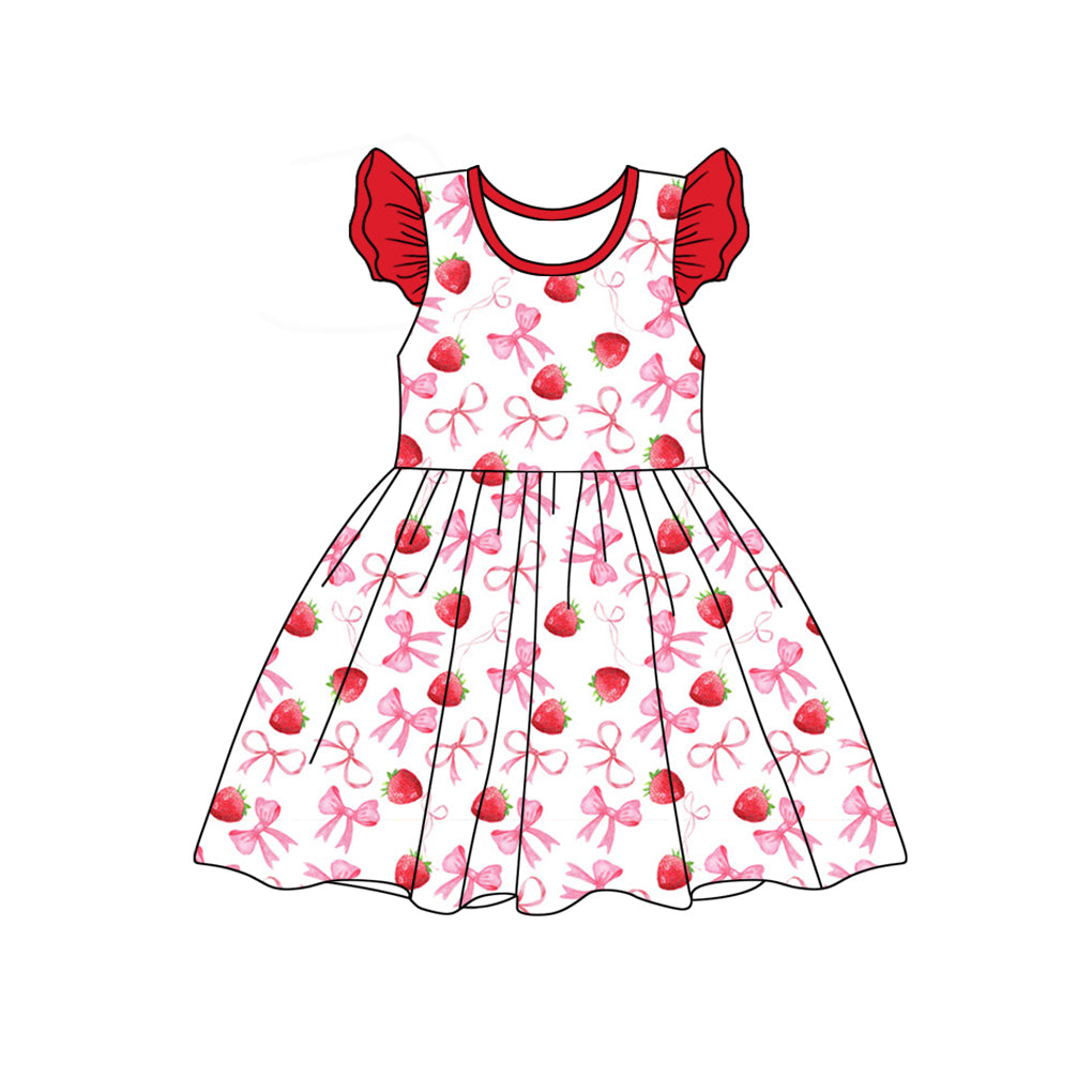 preorder GSD1840 Red Strawberry Bows Flutter Sleeve Girls Dress