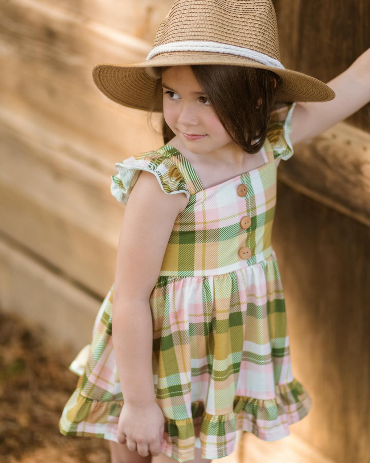 preorder GSD1842 Pink Green Checkered Flutter Sleeve Girls Dress