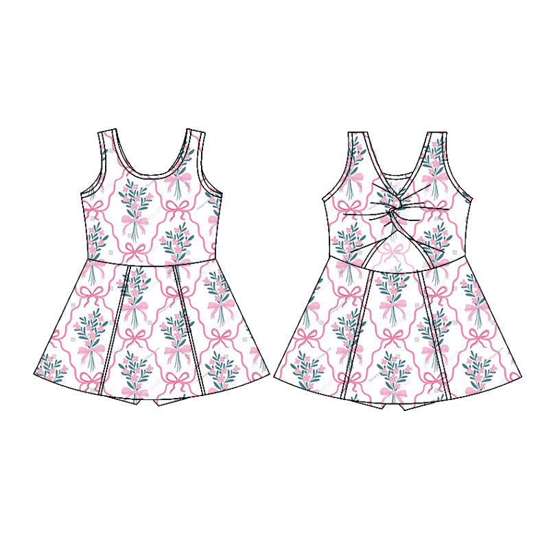 preorder GSD1852 Pink Flowers Bows Twirl Bow With Shorts Girls Dress