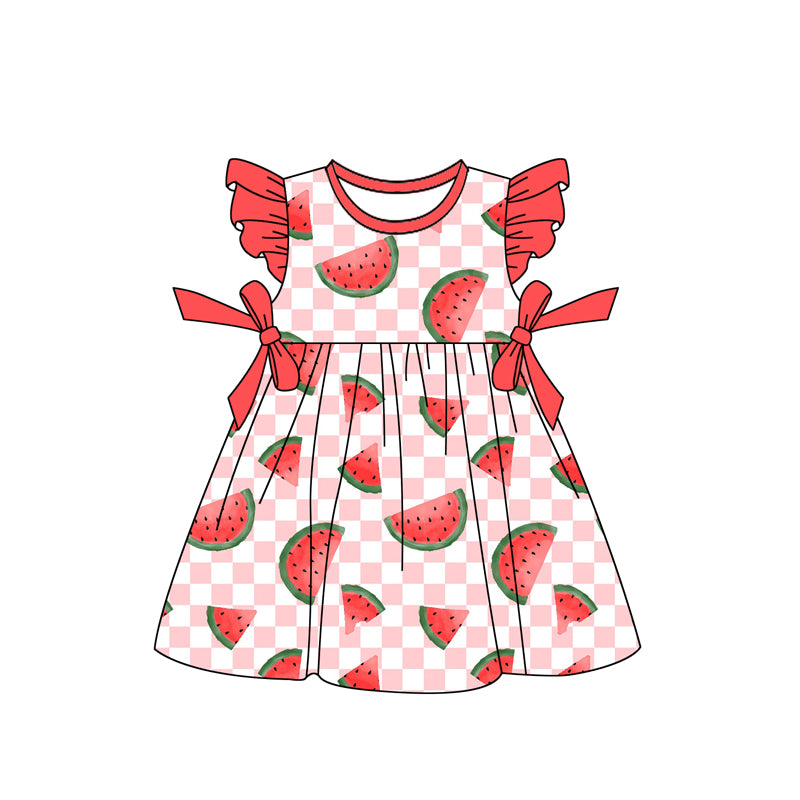 preorder GSD1855 Watermelon Pink Checkered Bows Flutter Sleeve Girls Dress