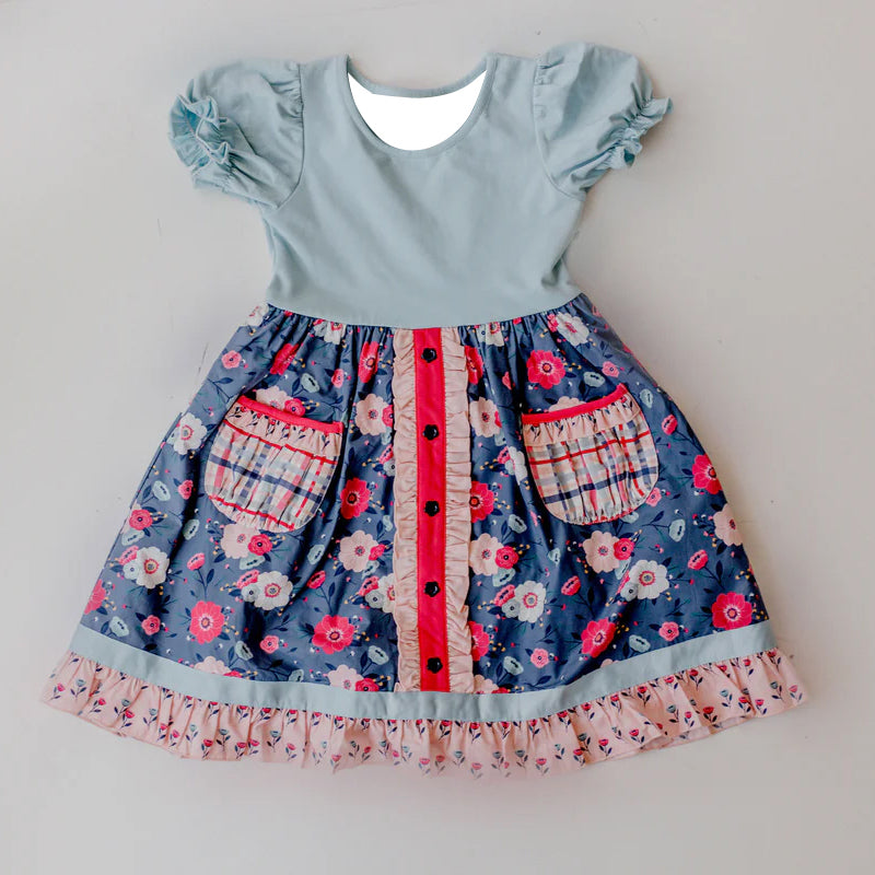 preorder GSD1856 Colorful Flowers Pockets Grey Green Short Sleeve Girls Dress