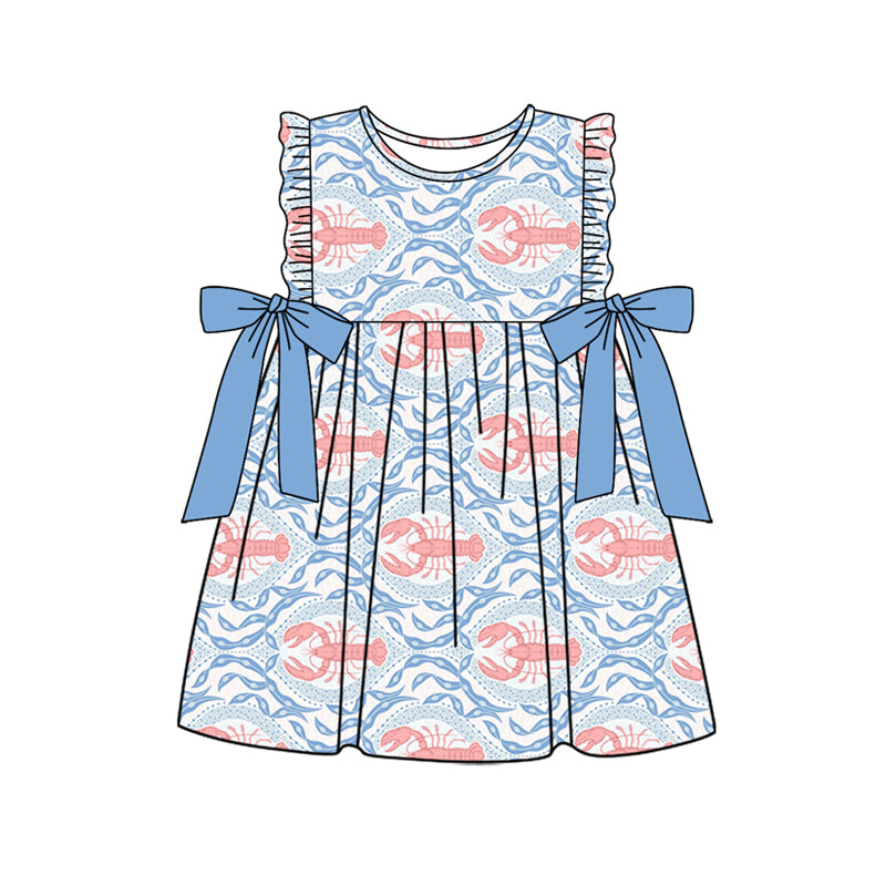 preorder GSD1859 Red Crayfish Blue bows Ruffles Sleeve Girls Dress