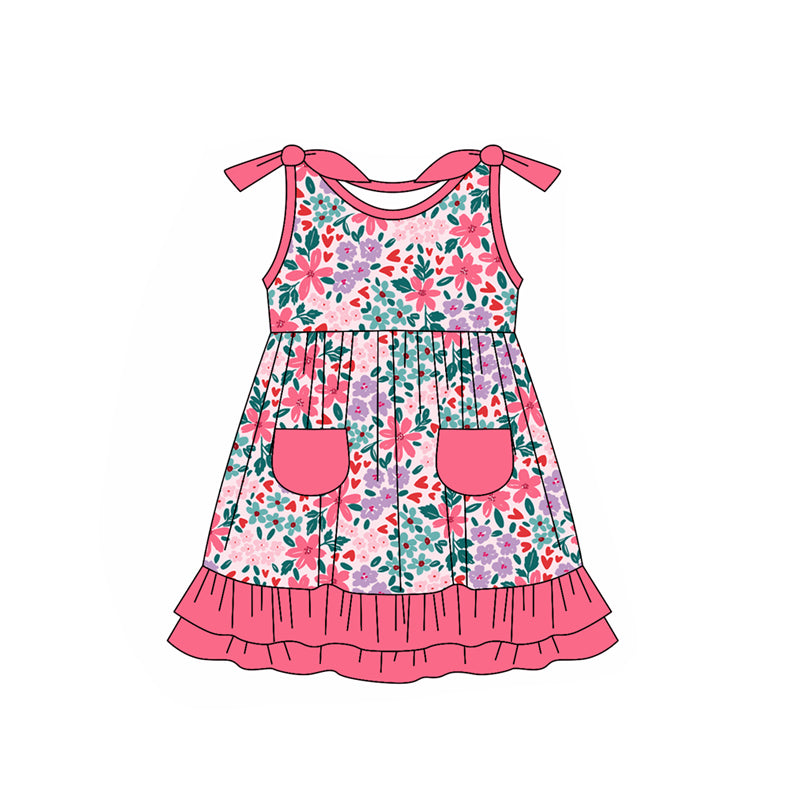 preorder GSD1861 Colorful Flowers Pockets Pink Bows Sleeveless Girls Dress