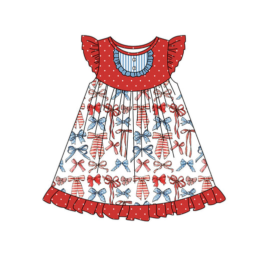 preorder GSD1863 July 4th Red Blue Bows Flutter Sleeve Girls Dress