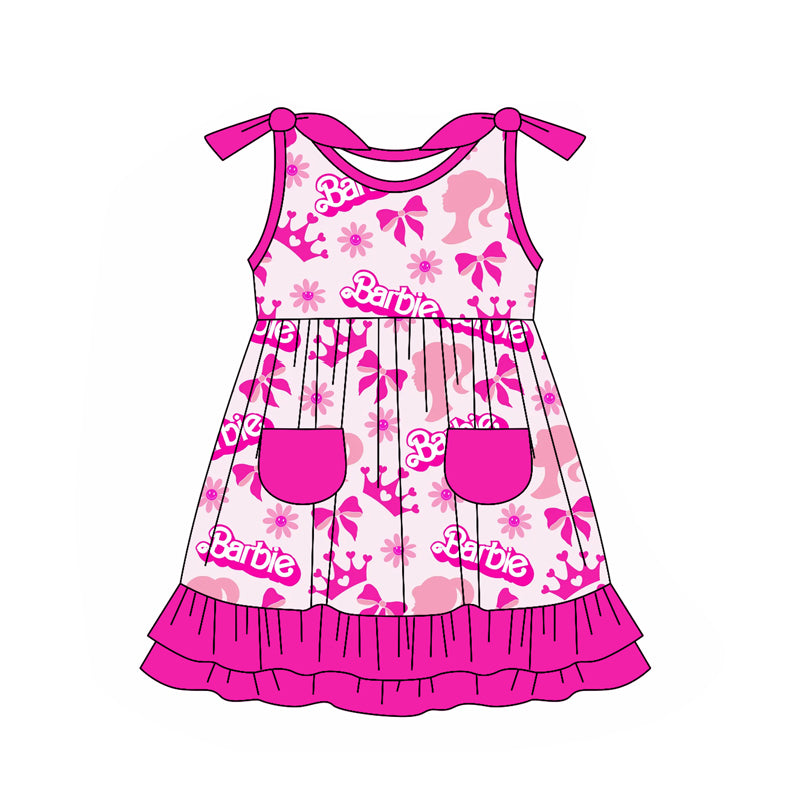 preorder GSD1867 Hot Pink Cartoon BA Crown Bows Pockets Girls Dress