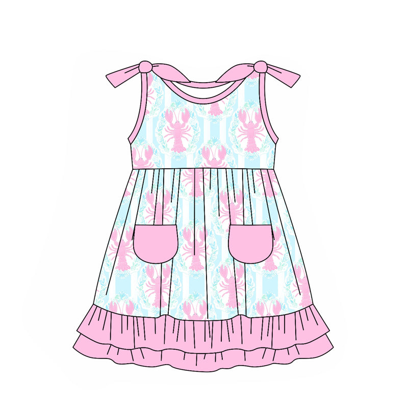 preorder GSD1869 Pink Crayfish Pockets Blue Bows Girls Dress