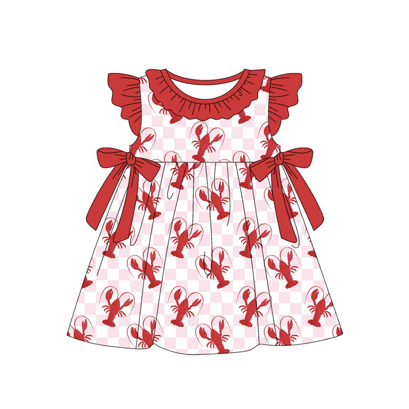 preorder GSD1872 Red Crayfish Bows Pink Checkered Flutter Sleeve Girls Dress