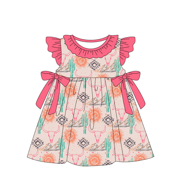 preorder GSD1873 Western Aztec Sun Cow Cactus Bows Flutter Sleeve Pink Girls Dress