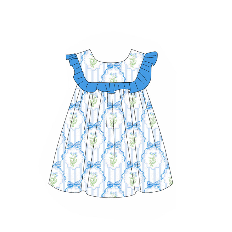 preorder GSD1893 blue bows flowers ruffles flutter sleeve girls dress