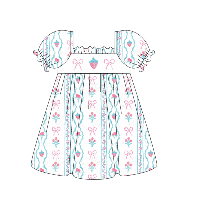 preorder GSD1900 pink bows strawberry blue striped short sleeve girls dress