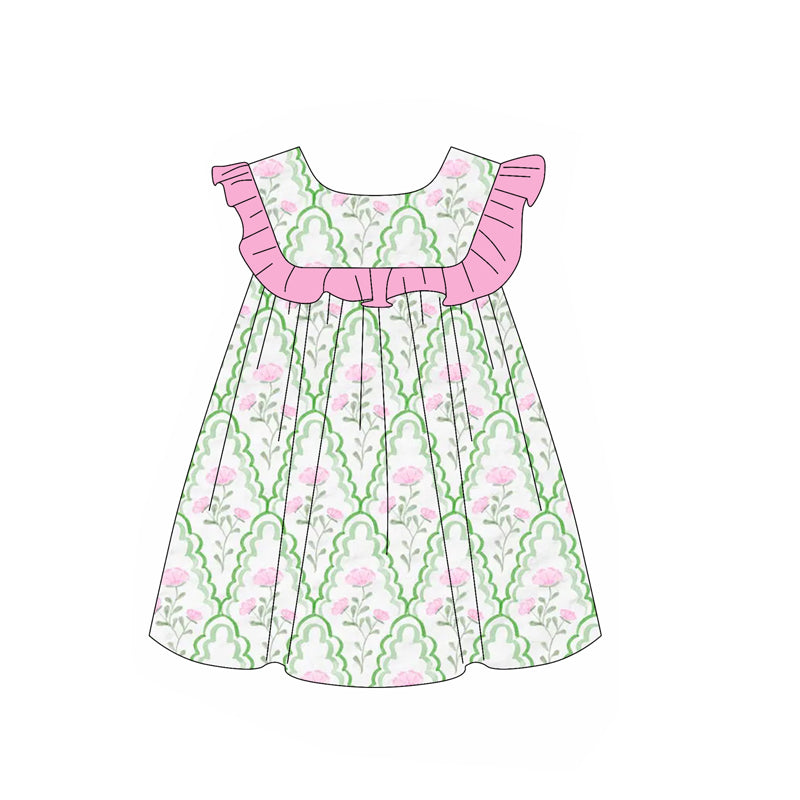 preorder GSD1902 pink flowers green ruffles sleeve girls dress
