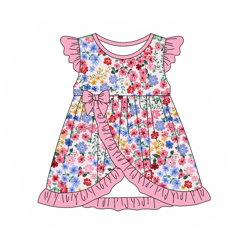 preorder GSD1904 colorful flowers pink bows ruffles flutter sleeve girls floral dress