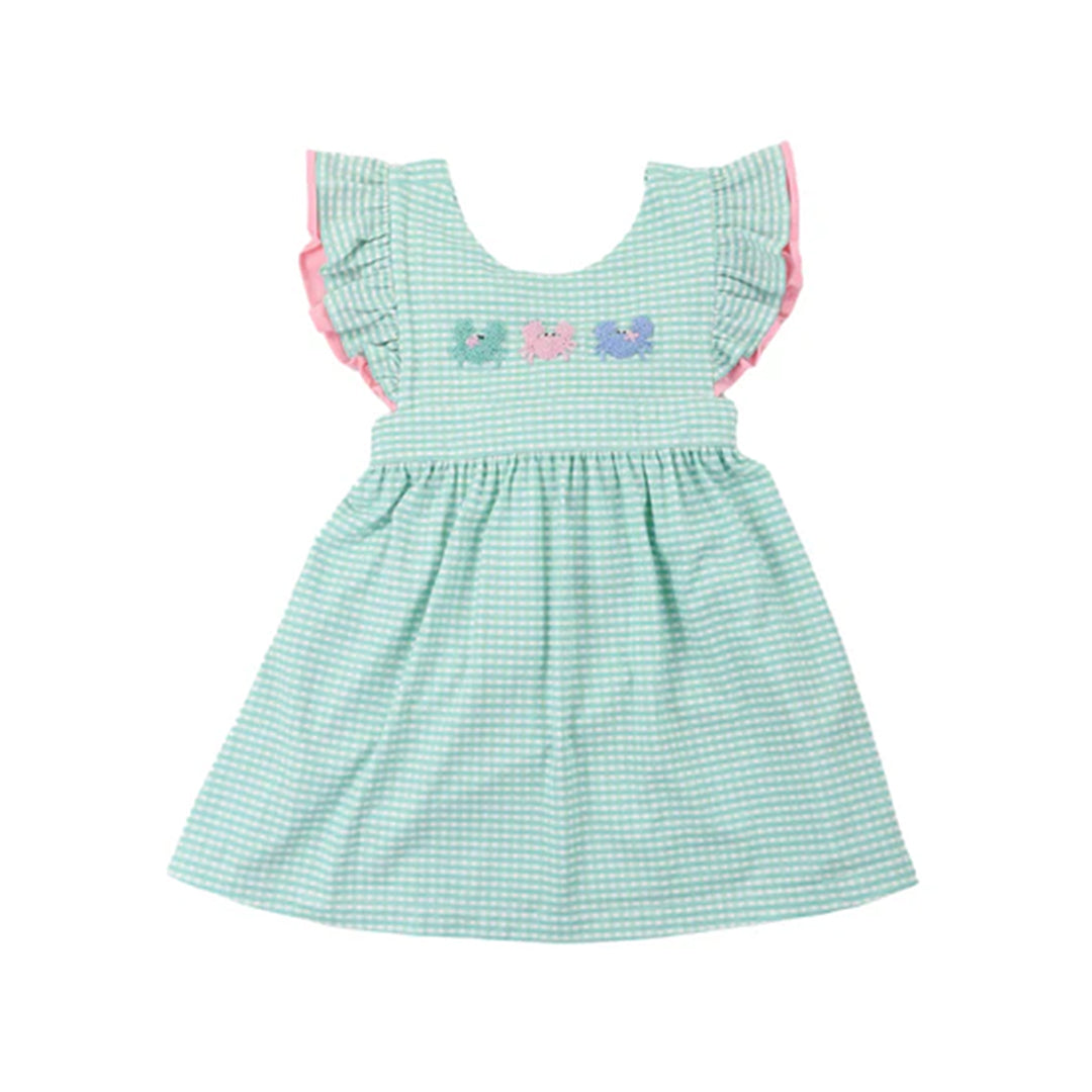 preorder GSD1905 cute crab green checkered flutter sleeve girls dress
