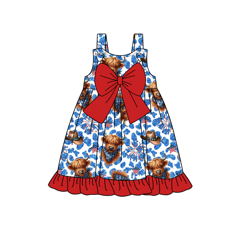 preorder GSD1906 July 4th highland cow blue leopard with bow girls dress