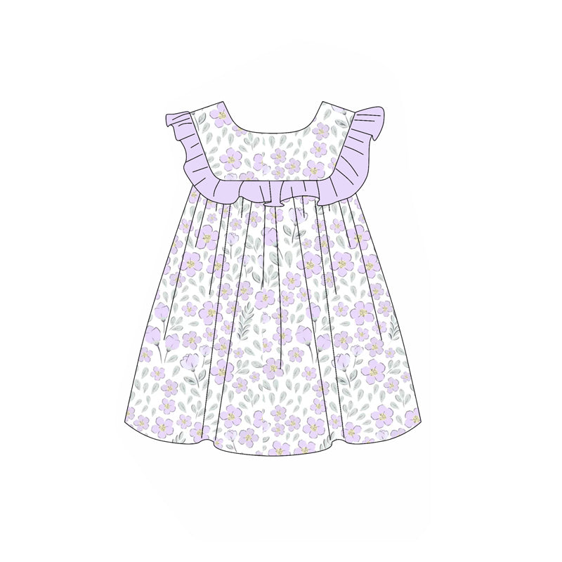 preorder GSD1908 purple flowers ruffles sleeve girls floral dress