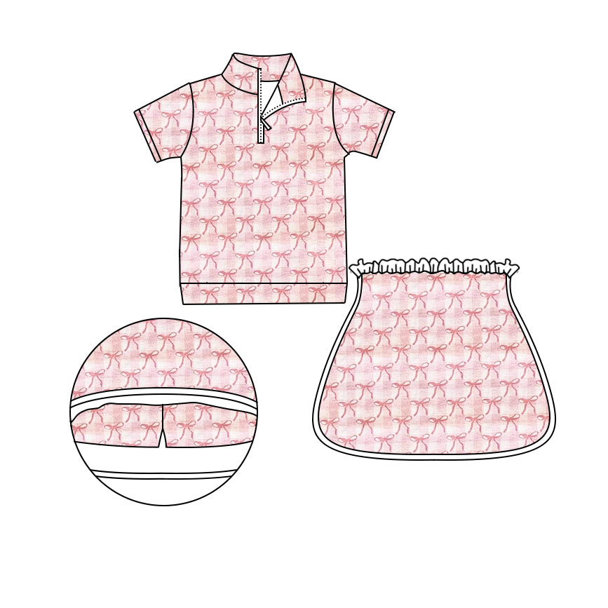 preorder GSD1912 pink bows zipper short sleeve skirt with shorts girls milk silk set