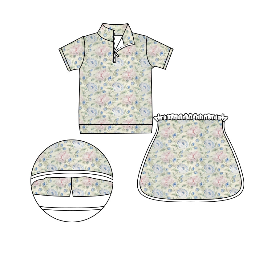 preorder GSD1913 pink flowers zipper short sleeve skirt with shorts girls milk silk set