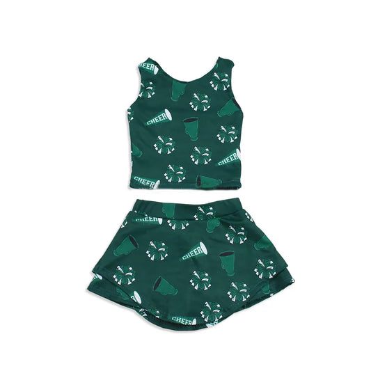 preorder GSD1925 yoga football team cheer green vest t-shir skirt with shorts girls set