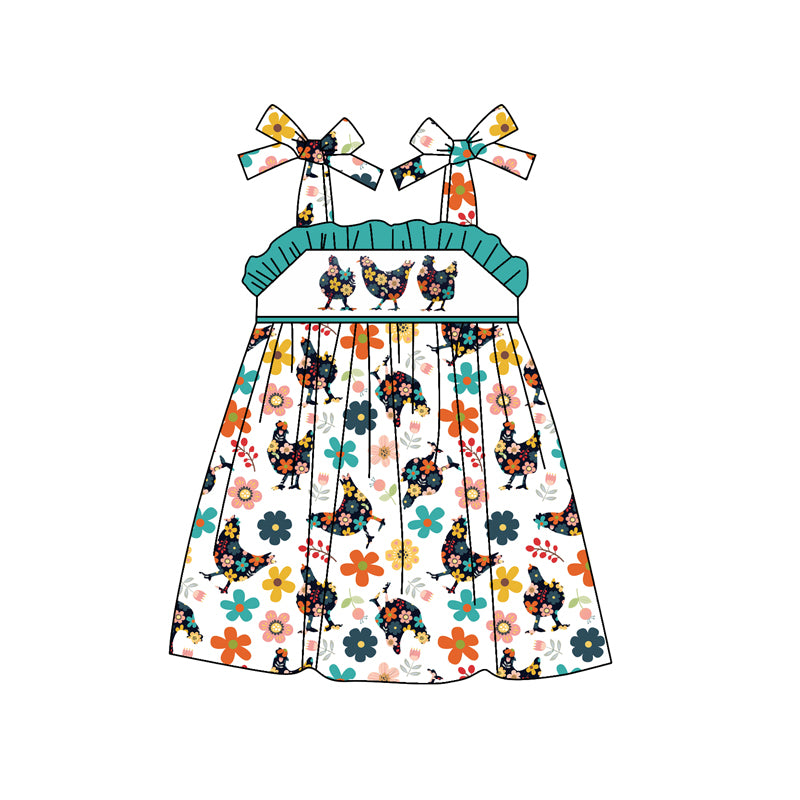 preorder GSD1927 farm colorful flowers chick straps blue girls dress