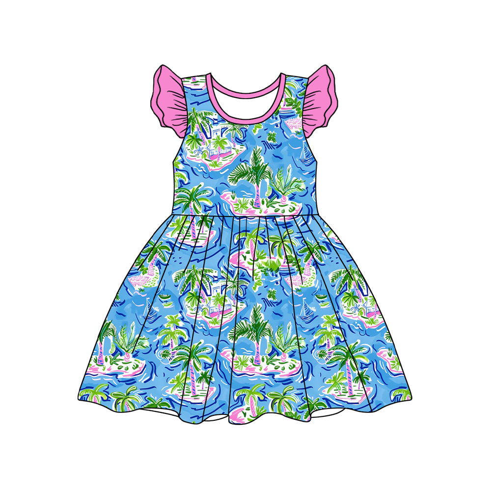 preorder GSD1928 holiday island tree sea blue flutter sleeve girls dress