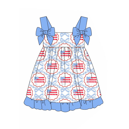 custom moq 3 July 4th flag blue bows camisole girls dress