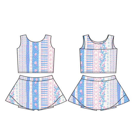 preorder GSD1995 yoga pink flowers blue flowers sleeveless skirt with shorts girls set